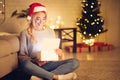 Christmas magic. Happy woman open gift box Royalty Free Stock Photo