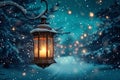 Christmas magic Large vintage street lamp on snowy background