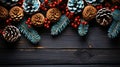 Christmas magic: red berries, pine, cone, snowflakes on wood surface. Festive background for design with copy spase