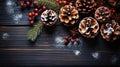 Christmas magic: red berries, pine, cone, snowflakes on wood surface. Festive background for design with copy spase