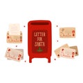 A set of envelopes with a letter to Santa Claus. Red mailbox. Christmas mail. Set of santa mail elements