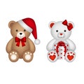 Christmas male and female teddy bears with santa claus hat and gift box