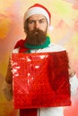 Christmas man with shopping bag. Merry christmas. Xmas shopping time. Prepare gifts and presents. Bearded man in santa