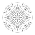 Christmas mandala. Christmas coloring page. Fancy christmas tree and little hearts.