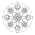 Christmas mandala. Santa head, fancy snowflakes and little hearts. Christmas coloring page.