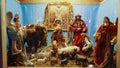 Christmas Manger scene with figurines including Jesus, Mary, Joseph, sheep and magi. Nativity scene with hand-colored figures made