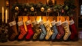 Christmas mantel adorned with stockings and decorations Royalty Free Stock Photo