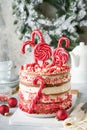 Christmas many layers cake decorated with lolli pops, red and white confetti on white cake stand, Christmas balls, fir branches on