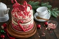 Christmas many layers cake decorated with lolli pops, red and white confetti on white cake stand, Christmas balls, fir branches on