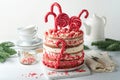 Christmas many layers cake decorated with lolli pops, red and white confetti on white cake stand, Christmas balls, fir branches on Royalty Free Stock Photo