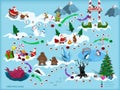 Christmas map with maze. Adventure board game for children. Boardgame in cartoon style. Santa, deer, bigfoot and elf