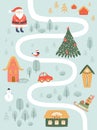 Christmas map. Winter Holidays Road Map. Christmas Village house. Winter board game map, forest Santa. Royalty Free Stock Photo