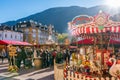 Christmas market in Bolzano on a sunny winter day. Trentino Alto Adige, Italy.