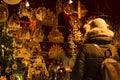 Christmas market booth with beautiful wooden decorations