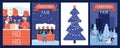 Christmas market cards. Holiday poster, new year or xmas fair, festive decorations. Happy cartoon people and red Royalty Free Stock Photo