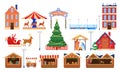 Christmas market fair decoration and kiosk, holiday street outdoor sale, merchandise houses vector illustration. New