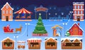 Christmas market, fun fair, active shopping, holiday sale, merchandise kiosk, snowy day, design cartoon style vector Royalty Free Stock Photo