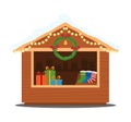 Christmas market gift box kiosk, holiday fair street outdoor sale, merchandise houses vector illustration. New Year Royalty Free Stock Photo