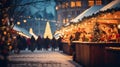 Christmas Market Illuminated in Big City Blur. Generative ai