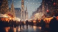 Christmas Market Illuminated in Big City Blur. Generative ai