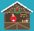 Christmas Market Kiosk with Seller and Food Vector