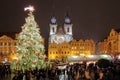 Christmas Market and lights of night in Prague, in 2016. Old Town Square and Gothic Church of Our Lady before Tyn Royalty Free Stock Photo