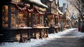 Christmas market, no people. Bright illumination, houses, counters, gifts. New Year holiday. Decorated street, cityscape