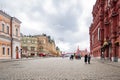 Christmas market on Red Square, Moscow Kremlin with Spassky Tower and Saint Basil`s Cathedral Royalty Free Stock Photo