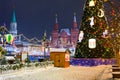 Christmas market on Red Square in Moscow for the New Year. The snowstorm. Royalty Free Stock Photo