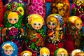 Christmas Market in Red Square, Moscow. Sale of toys, famous and popular fairy-tale characters, figurines. Matryoshka Royalty Free Stock Photo