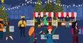 Christmas market shop vector winter card illustration city. People on street with couple town lifestyle holiday banner. Royalty Free Stock Photo