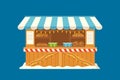 Christmas Market Stall with Striped Apron, Baked Food and Hot Drinks. Xmas Wooden Kiosk, Isolated Winter House