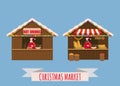 Christmas market stalls, canopy seller with with New Year bakery, gifts and hot drinks. Xmas mulled vine, coffe, tea