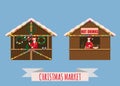 Christmas market stalls, canopy seller with with New Year decorations, gifts and hot drinks. Xmas mulled vine, coffe