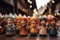 Christmas market with traditional wooden dolls on festive lights background