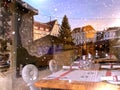 Christmas market in window vitrines trees decoration reflection on street vitrines snowflakes and gold confeti   holiday urban st Royalty Free Stock Photo