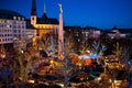 Christmas market. Winter fair with tree and lights. Royalty Free Stock Photo