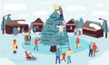 Christmas market. Winter holiday in park, families decorating xmas tree and local food and gift stores. People outdoor Royalty Free Stock Photo