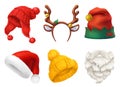 Christmas mask, Santa Claus hat, knitted hat. 3d realistic vector icon set Royalty Free Stock Photo