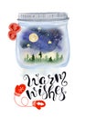 Christmas mason jar snow globe with nigt sky and woodland inside watercolor hand drawn illustration Royalty Free Stock Photo