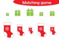 Christmas matching game for children, connect gift boxes with xmas boots by size, preschool worksheet activity for kids, task for