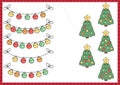 Christmas matching game with cute kawaii fir tree, colored balls. Winter holiday math activity for preschool kids. Educational