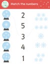 Christmas matching game with snow globes and snowflakes. Winter math activity for preschool children. Educational New Year