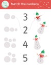 Christmas matching game with snowman. Winter math activity for preschool children. Educational New Year printable counting