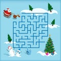 Christmas maze. Kids labyrinth. Cartoon game: search the path. Help Santa find the way to xmas tree. Winter puzzle