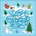 Christmas maze. Kids labyrinth. Cartoon game: search the path. Help Santa find the way to xmas tree. Winter quest