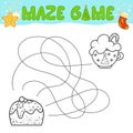 Christmas Maze puzzle game for children. Outline maze or labyrinth. Find path game with christmas cake