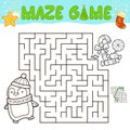 Christmas Maze puzzle game for children. Outline maze or labyrinth game with christmas penguin