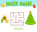 Christmas Maze puzzle game for children. Simple Maze or labyrinth game with Christmas tree and decorations