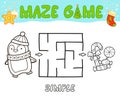 Christmas Maze puzzle game for children. Simple outline maze or labyrinth game with christmas penguin